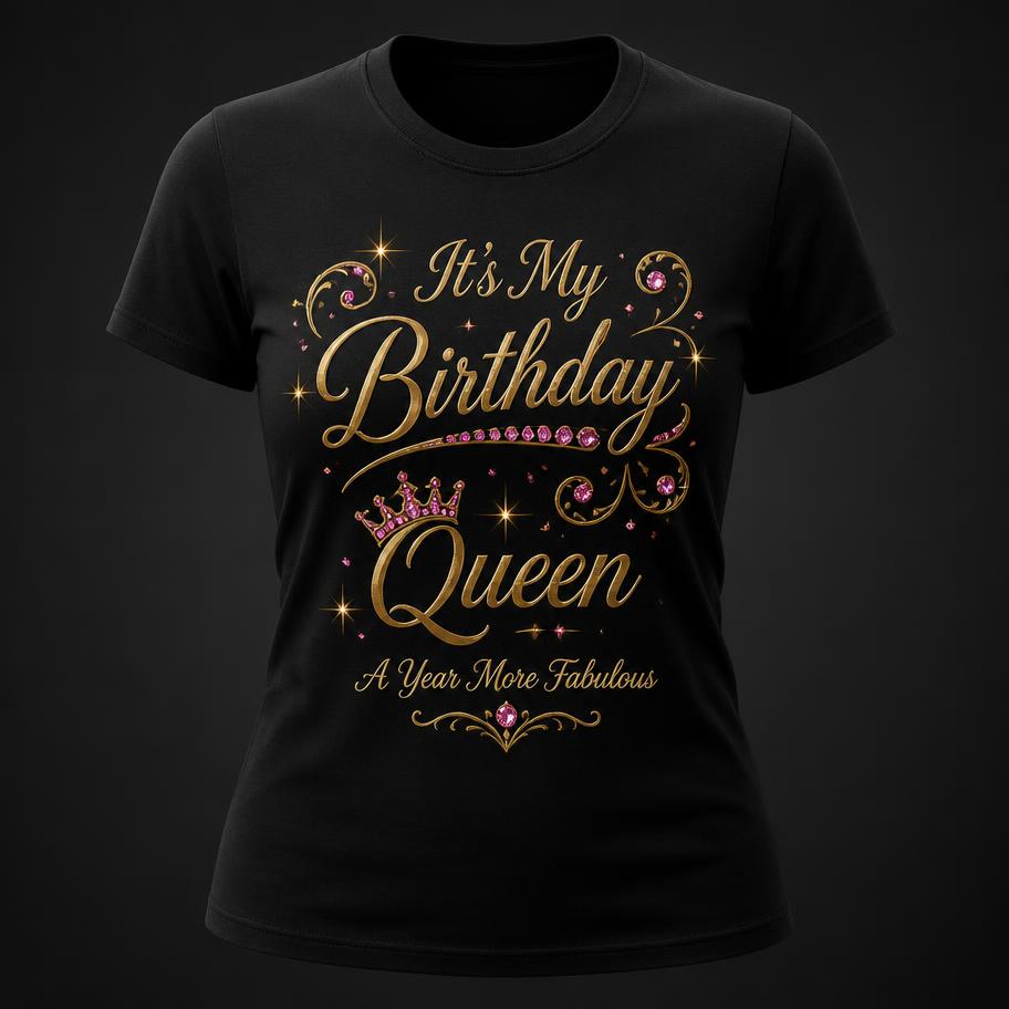 Black tee with gold birthday queen design