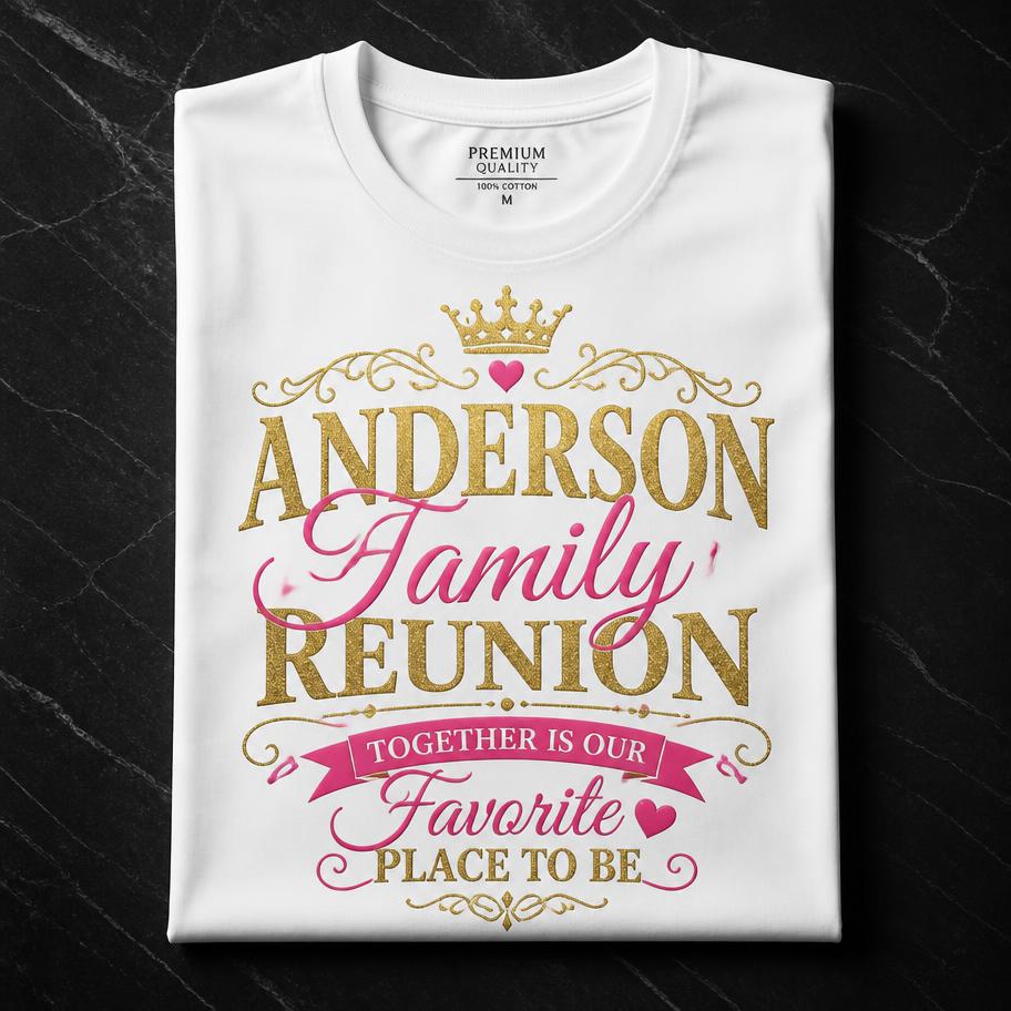 White tee with gold and pink family reunion design