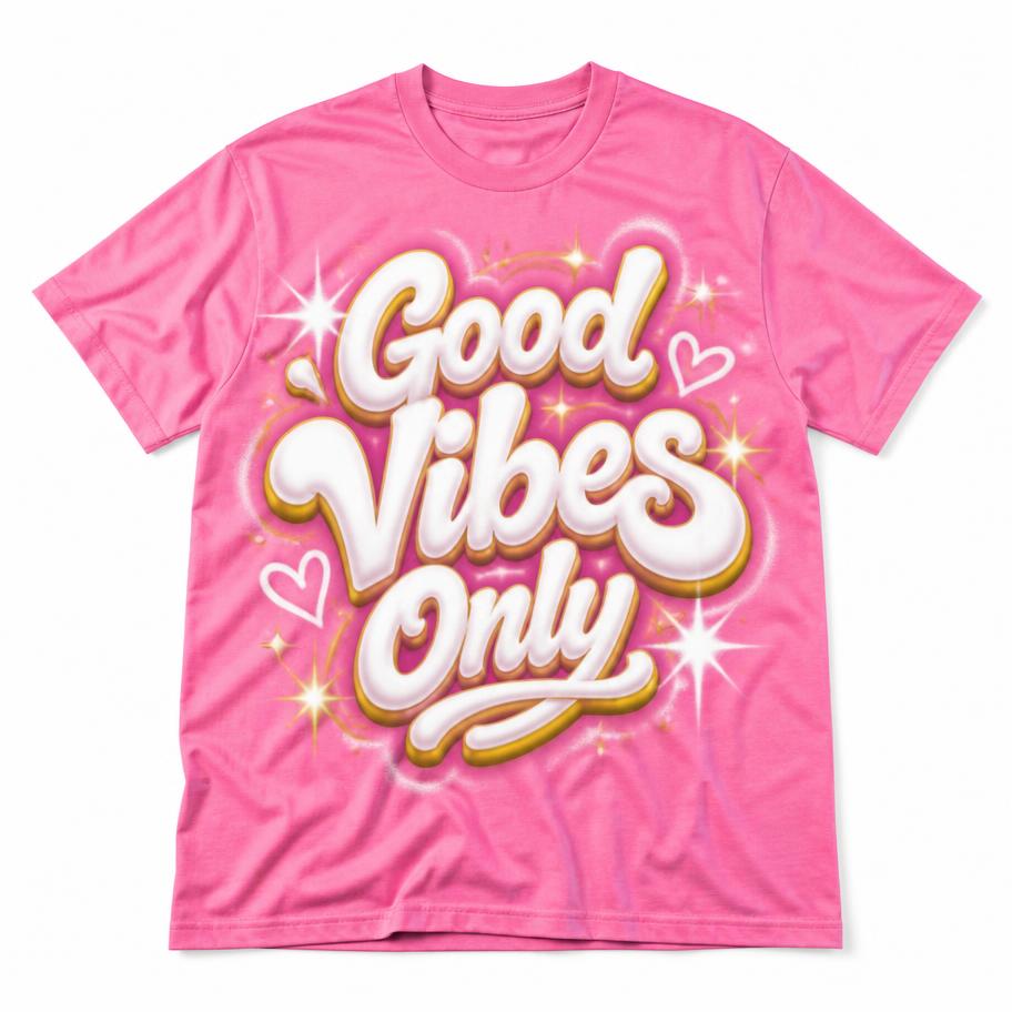 Pink tee with 90s airbrush lettering